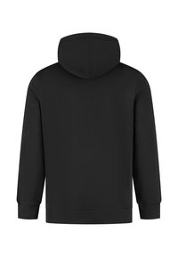 Czarna bluza z kapturem, z długimi rękawami, ściągaczem na dole i rękawach. Gładka tekstura o prostym, minimalistycznym wzorze.