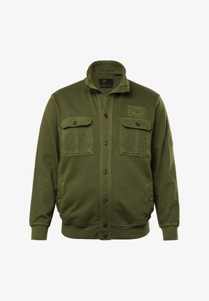 Olivgrüne Jacke aus strukturiertem Stoff mit Reißverschluss und Knopfverschluss, zwei Brusttaschen sowie gerippten Bündchen und Saum.