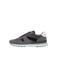 Graue Sneakers mit einem Obermaterial aus Wildleder und Synthetik, schwarzen Akzenten, gewellterapplikationen und einer grünen Sohle für besseren Halt.