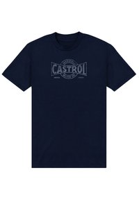 Námořnická modrá bavlněná tričko s vintage šedým logem Castrol a zakřiveným textem. Krátké rukávy a kulatý výstřih. Měkká, prodyšná tkanina.