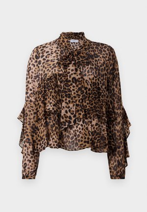 Leopard print blouse with ruffled layers, long sleeves, and a bow tie neck. Made of lightweight, sheer fabric in brown and black tones.