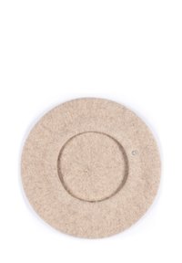 Round beige wool beret with small silver emblem on one side, displayed flat on a white background.