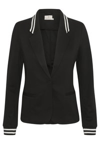 Blazer noir au design structuré, avec un col et des poignets rayés blancs contrastants, et deux poches avant. Texture de tissu lisse.