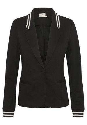 Black blazer with a structured design, featuring a contrasting white striped collar and cuffs, and two front pockets. Smooth fabric texture.