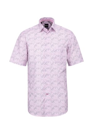 Herren-Kurzarmhemd mit hellrosa Stoff und dezentem grauem Blumenmuster, klassischem Kragen und Knöpfen vorne.