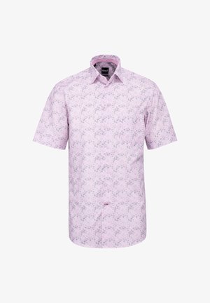 Herren-Kurzarmhemd mit hellrosa Stoff und dezentem grauem Blumenmuster, klassischem Kragen und Knöpfen vorne.