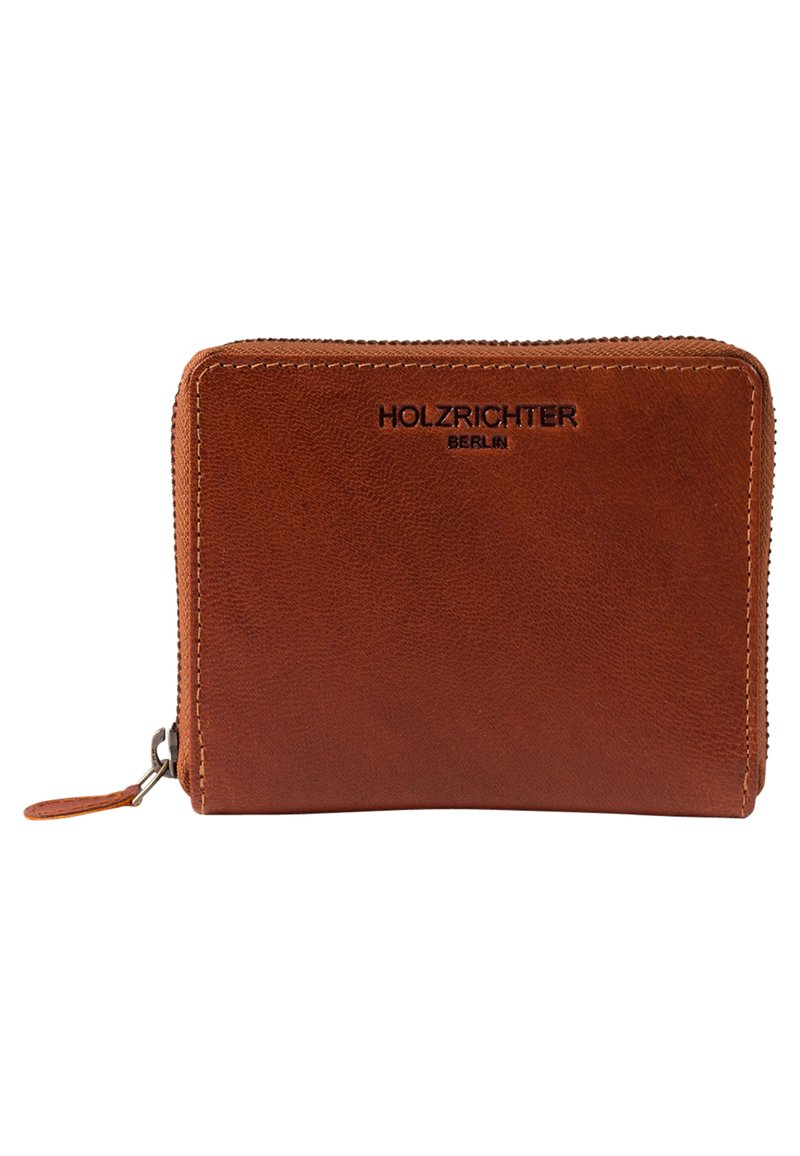Brown leather wallet with a smooth texture, featuring a zipper closure and embossed logo "HOLZRICHER BERLIN" on the front.