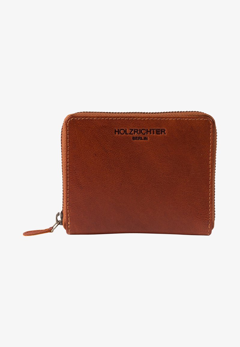 Brown leather wallet with a smooth texture, featuring a zipper closure and embossed logo "HOLZRICHER BERLIN" on the front.