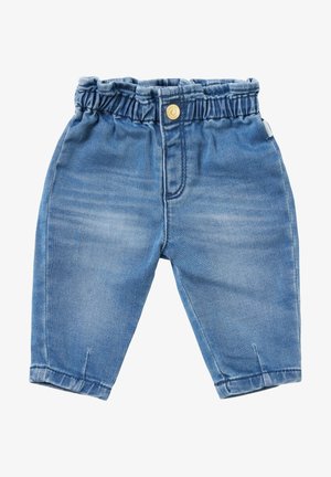 Pantalon bébé en denim avec une taille élastique, couleur bleu clair, design légèrement délavé et longueur raccourcie. Dispose d'un seul bouton à l'avant.