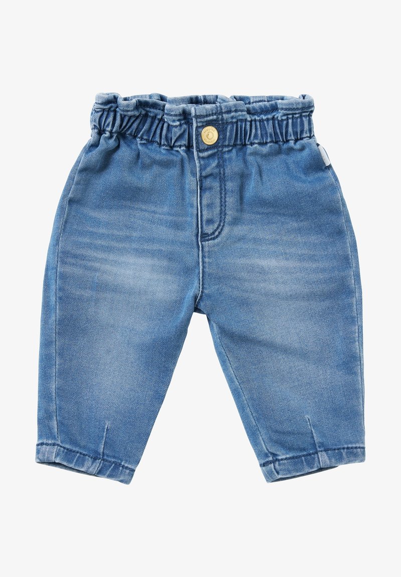 Pantalon bébé en denim avec une taille élastique, couleur bleu clair, design légèrement délavé et longueur raccourcie. Dispose d'un seul bouton à l'avant.