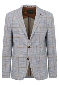 Karierter Blazer in hellblauen und braunen Tönen, aus strukturiertem Stoff gefertigt, mit zwei Knöpfen, Reverskragen und brauner Fütterung.