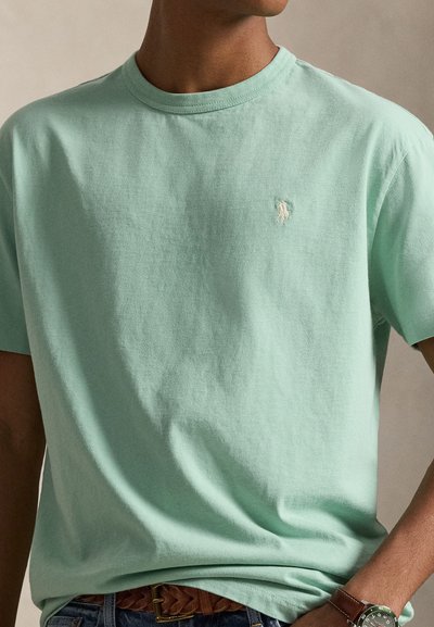 T-shirt de algodão com gola redonda em verde menta. Apresenta um pequeno logótipo bordado no peito. Textura macia com um corte casual.
