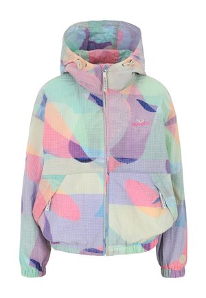 Hooded lightweight jacket with pastel abstract pattern, front zipper, elastic cuffs, and two front pockets with flap closures.