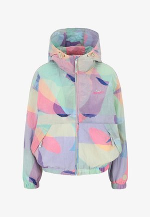 Leichte Kapuzenjacke mit pastellfarbenem, abstraktem Muster, Frontreißverschluss, elastischen Bündchen und zwei Fronttaschen mit Klappenverschluss.
