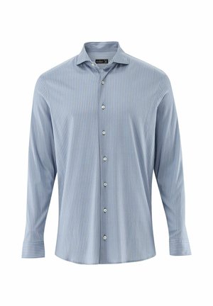 Hellblaues Langarmhemd mit vertikalen weißen Streifen, klassischem Kragen, Knopfleiste vorne und geknöpften Manschetten. Glatter Baumwollstoff.