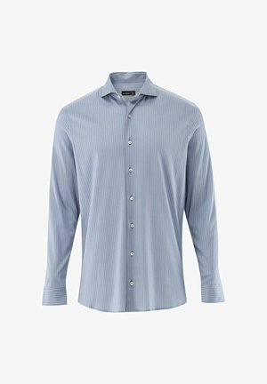 Hellblaues Langarmhemd mit vertikalen weißen Streifen, klassischem Kragen, Knopfleiste vorne und geknöpften Manschetten. Glatter Baumwollstoff.