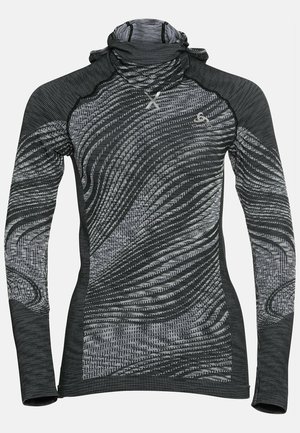 Long-sleeve black and gray thermal shirt featuring a high neckline, textured swirling pattern, and snug fit. Built for comfort and warmth.