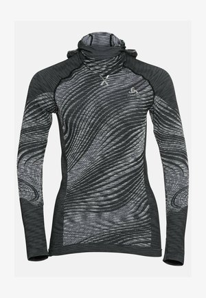 Long-sleeve black and gray thermal shirt featuring a high neckline, textured swirling pattern, and snug fit. Built for comfort and warmth.