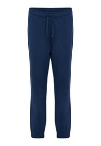 Pantalons de survêtement bleu marine en tissu doux ; dispose d'une taille élastique avec cordon de serrage, de jambes fuselées et de poches latérales.