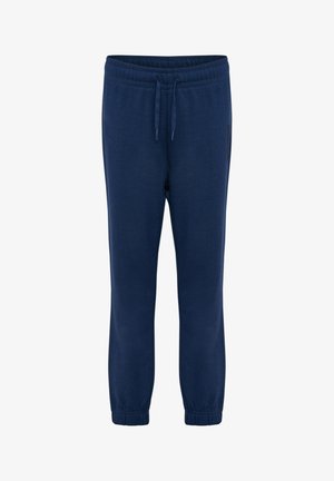 Pantalones de chándal azul marino hechos de material suave; cuentan con una cinturilla elástica con cordón, piernas ajustadas y bolsillos laterales.