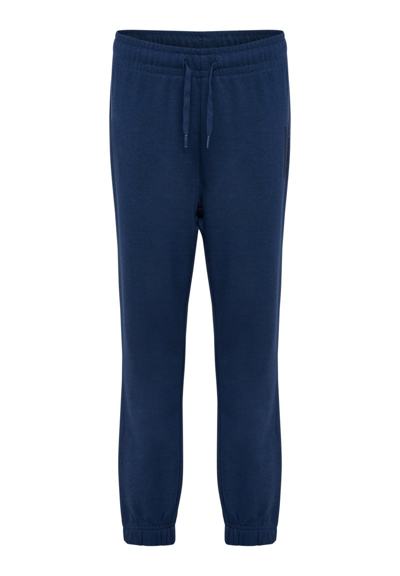 Pantalons de survêtement bleu marine en tissu doux ; dispose d'une taille élastique avec cordon de serrage, de jambes fuselées et de poches latérales.