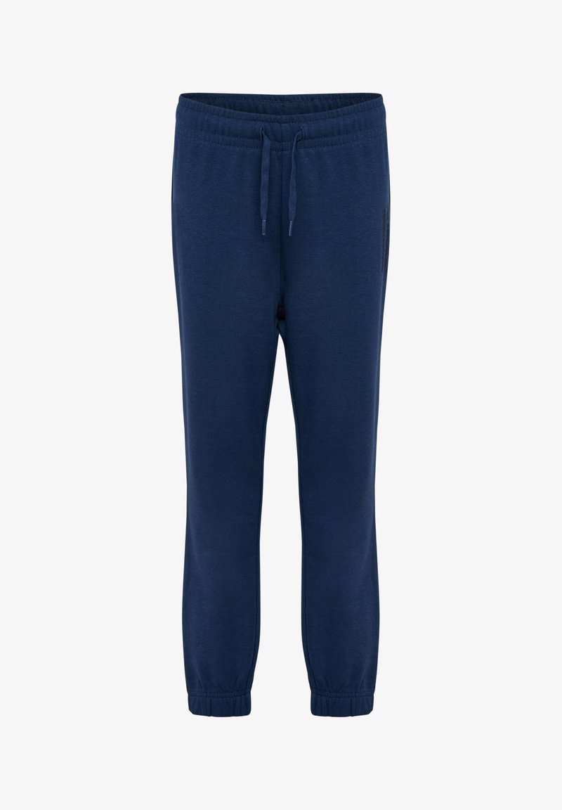 Navyblauwe sweatpants van zachte stof; met een elastische tailleband met trekkoord, taps toelopende pijpen en zijzakken.
