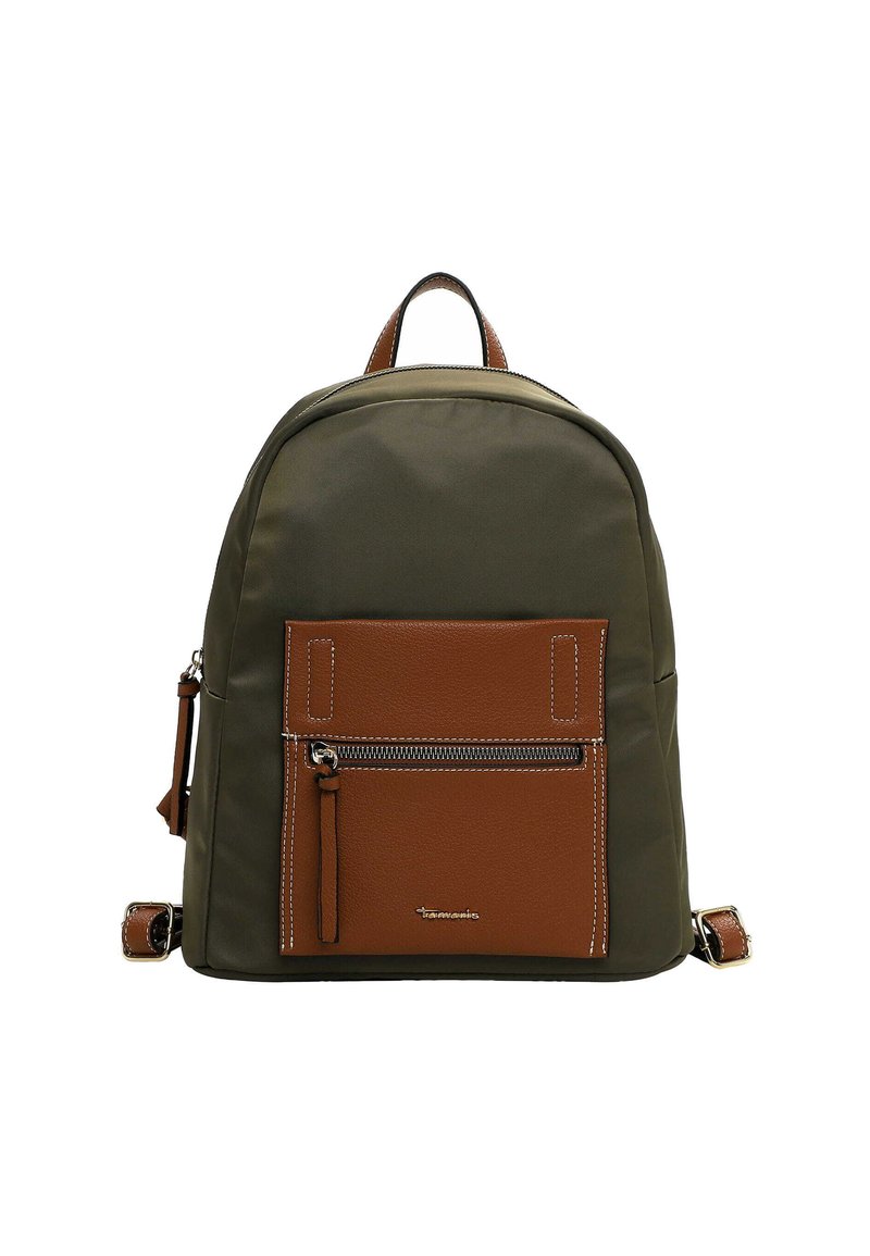 Sac à dos vert olive avec une poche avant en cuir marron, un compartiment zippé, une poignée en haut et des bretelles réglables. Détails de surpiqûres à plat.