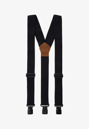 Schwarze verstellbare Hosenträger mit drei Clips und einem braunen Lederpatch, der die Träger in einem Y-förmigen Rückendesign verbindet.