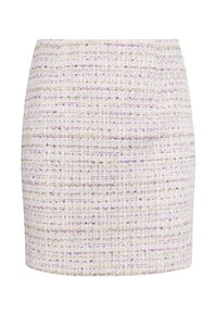 Minirock aus Tweed in Weiß mit lila und goldenen Akzenten. Texturiertes Gewebe mit horizontalen Streifen, figurbetonte Silhouette und Saumlinie oberhalb des Knies.