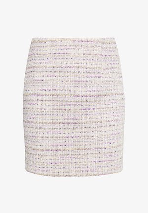 Tweed mini skirt in white with purple and gold accents. Textured weave with horizontal stripes, fitted silhouette, and hemline above the knee.