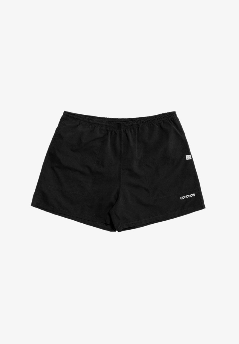 Black swim shorts with an elastic waistband, made of lightweight material, featuring a small logo and a simple, functional design.