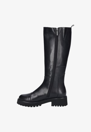 Black knee-high boots with smooth leather material, a side zipper, rounded toe, and chunky textured sole. Features minimal stitching accents.