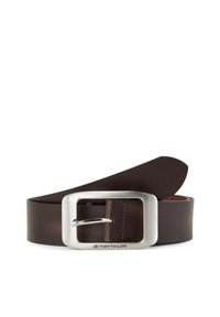 Brauner Leder-Gürtel mit einer silbernen rechteckigen Schnalle, geprägtem Logo, glatter Textur und tapered Enddesign.