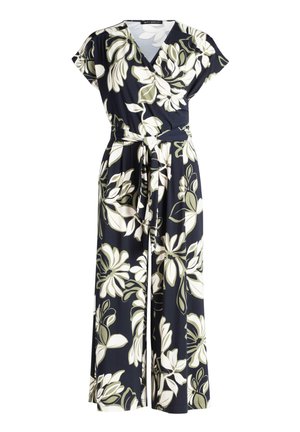 Kwiecowy kombinezon w granatowym kolorze z białymi i zielonymi kwiatami, krótki rękaw, dekolt w serek oraz wiązany pasek w talii. Lekki materiał o gładkiej teksturze.