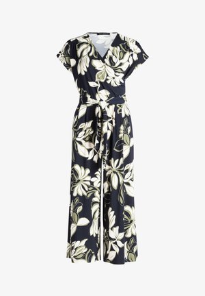 Sötétkék virágos overall fehér és zöld virágmintával, rövid ujjal, V nyakkivágással és megkötős derékpánttal. Könnyű anyag, sima textúrával.