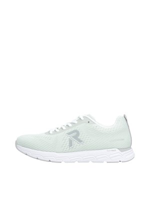 Chaussure de course blanche légère avec tige en mesh, logo "R" gris sur le côté, lacets blancs et semelle blanche texturée étiquetée "foamtech."