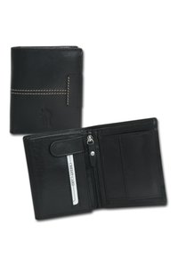Black leather wallet featuring a stitched design, a card slot, and a zippered compartment for coins or small items.