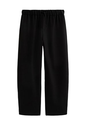 Pantalones deportivos negros de talle medio hechos de tela suave, con una cintura elástica con cordón y un ajuste recto y relajado. Sin patrones visibles.