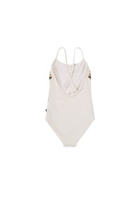 Κρέμα ολόσωμο μαγιό με λεπτές τιράντες και βαθύ V-άνοιγμα στην πλάτη, με λουλουδάτη κέντημα στα πλευρικά πάνελ.