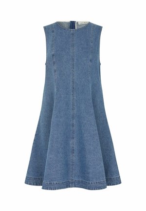 Varrukateta sinine teksakleit, millel on vormitud ülakeha, lehvitatud seelik ja nähtavad vertikaalsed õmblused, kujutatud valgel taustal.