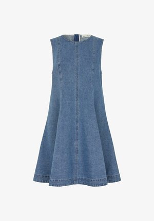 Varrukateta sinine teksakleit, millel on vormitud ülakeha, lehvitatud seelik ja nähtavad vertikaalsed õmblused, kujutatud valgel taustal.