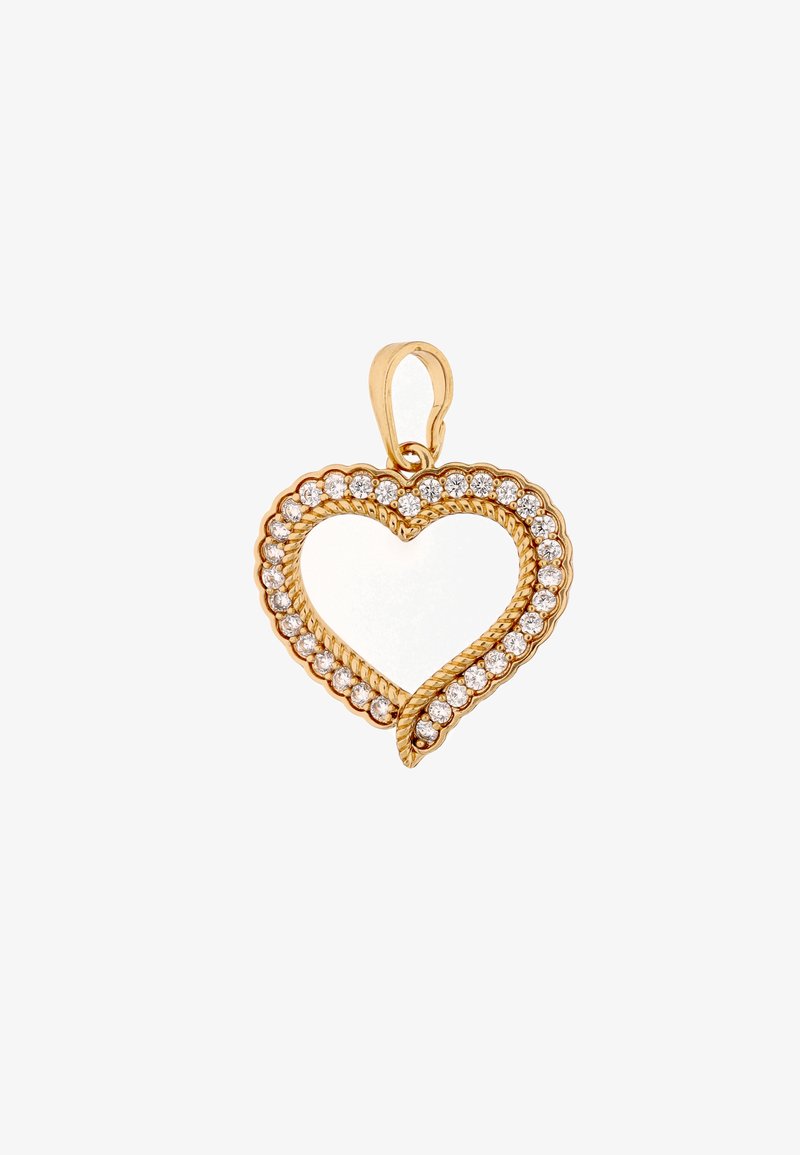 Ciondolo a forma di cuore in oro con design a corda intrecciata, adornato da un bordo di piccoli diamanti rotondi e un anello in oro per l'aggancio.