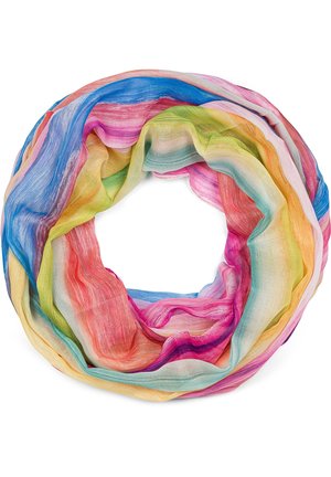 Letvægts flerfarvet infinity-sjal med blødt, gennemskinneligt stof med horisontale regnbuestriber i pink, blå, grøn, gul og orange.