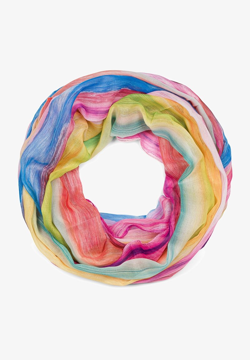 Écharpe infinity légère multicolore en tissu doux et transparent avec des rayures horizontales arc-en-ciel en rose, bleu, vert, jaune et orange.
