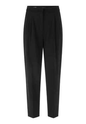 Black tailored trousers with a pleated front, wide waistband, and tapered legs. Made of smooth material, featuring no visible pockets or embellishments.