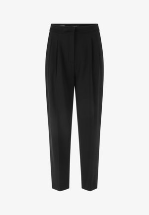 Black tailored trousers with a pleated front, wide waistband, and tapered legs. Made of smooth material, featuring no visible pockets or embellishments.