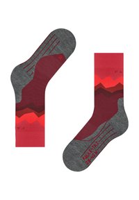 Calze grigie e bordeaux con motivo montano in tonalità di rosso e marrone scuro. Presentano costine strutturali e dettaglio del logo sulla suola.