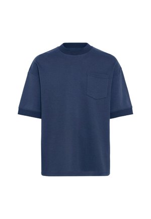 Navy cotton t-shirt with short sleeves, crew neck, and a single chest pocket. Straight cut with a smooth texture and minimalistic design.