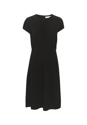 Juoda suknelė su trumpomis rankovėmis, klostuotu liemeniu, iki kelių ilgio ir diskretišku užpakaliniu užtrauktuku. Lygus, lengvas audinys.
