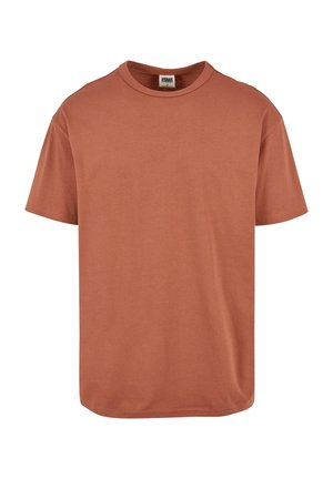 Kastanjebruine katoenen T-shirt met een ronde halslijn en korte mouwen. Gladde textuur, relaxte pasvorm en rechte onderzoom.